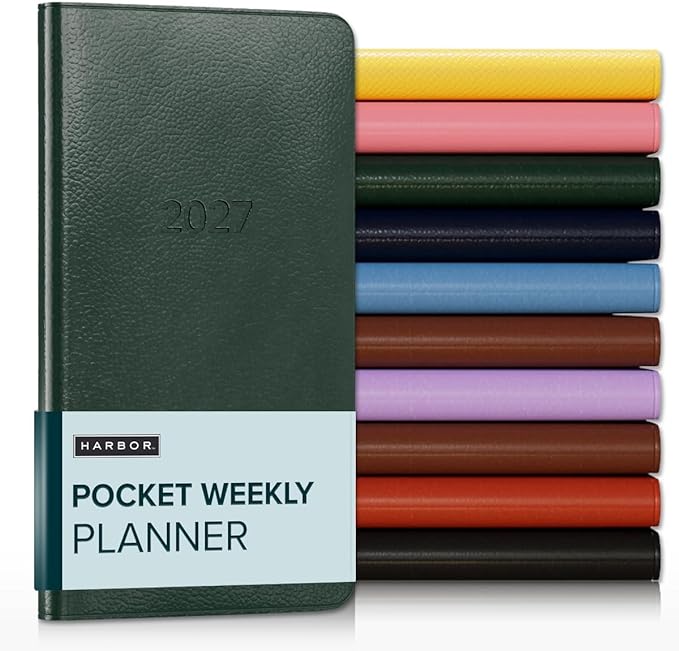 Harbor Pocket Weekly Monthly Planner 2027, Calendar Planner and Notebook, Durable Faux Leather, 192 Pages, Softcover & Book Bound - Leida Pine - 6x3.25"