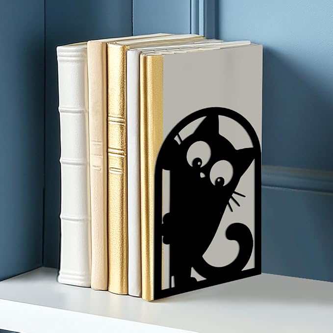 2Pcs Metal Bookends for Shelves, Unique Peeping Cat Book Ends Decorative for Heavy Books, Decorative Books Used on Desk, Shelf, Farmhouse for Small, Bookshelf Decor for Shelves Home