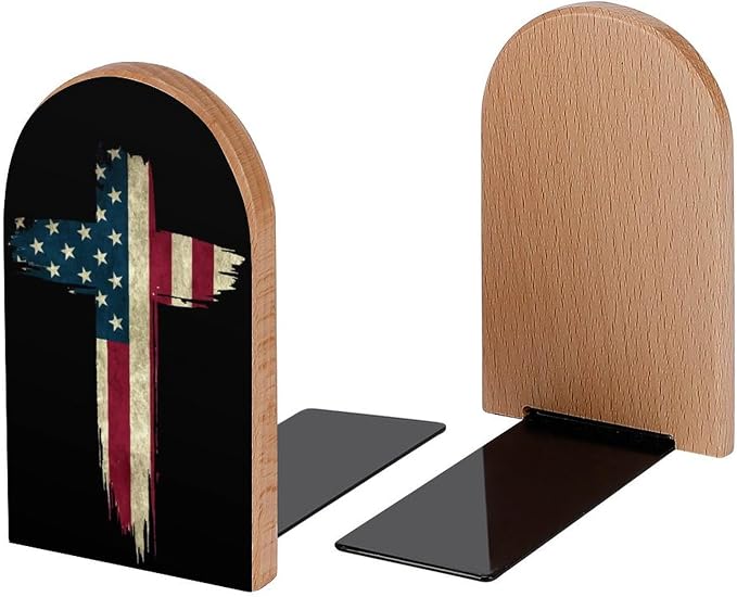 American Flag in Cross Book Ends Decorative Wood Bookends for Shelves Kids Room Desk Home Office Book Stoppers for Magazines,Books, DVDs, 1 Pair/2 Pieces(5x3.1 in)