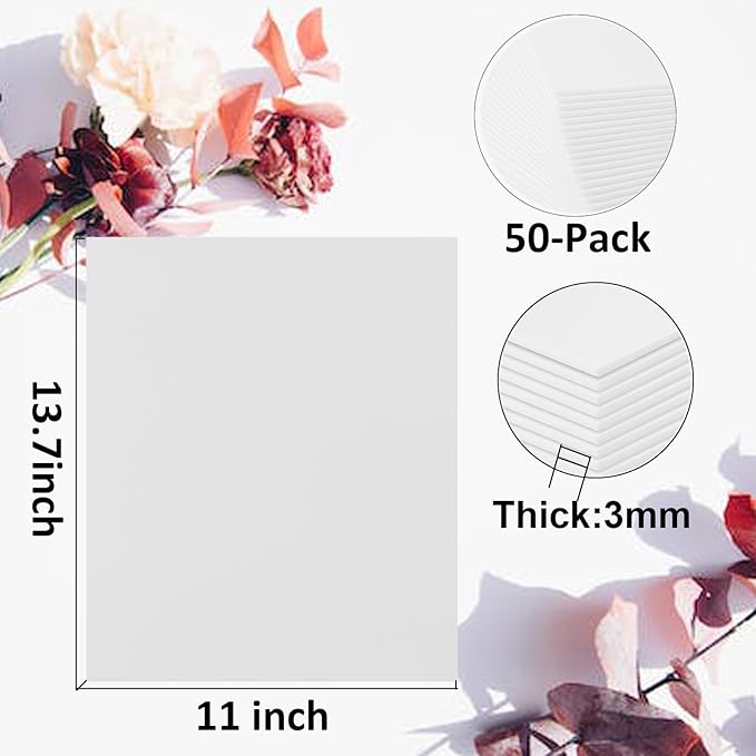 50 Pack White Foam Board for Projects, 11 x 13.7Inch Foam Core Baking Board Mat Board Center, 1/8Inch Thick Polystyrene Foam Sheet for School, Presentation, Signage & Art Crafting