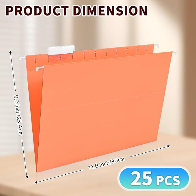 25-Pack Assorted Hanging File Folders,Letter Size with 35 Transparent Label Cards,50 Sticker Labels,1/5-Cut Tabs–Home Office & Filing Cabinets