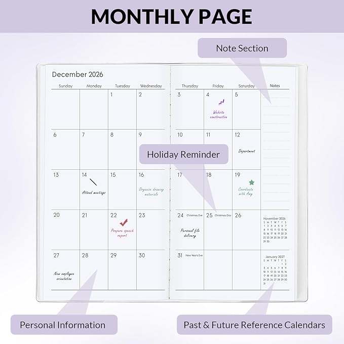 KONVINIT Pocket Calendar 2025-2027, Pocket Planner 2026-3.7" x 6.7" - Runs from July 2025 Until December 2027, Monthly Planner 2025-2027 with PVC Cover for Planning, Purple
