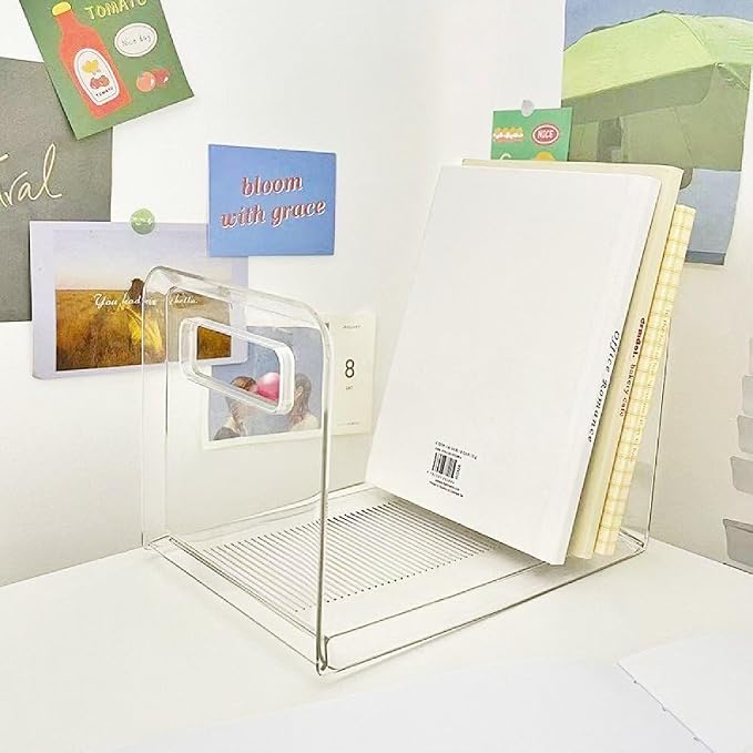 Clear Acrylic Book Stand Organizer, Desktop Book Holder with Anti-Tilt Design, Transparent Plastic Bookends for Office Desk & Home Study Use
