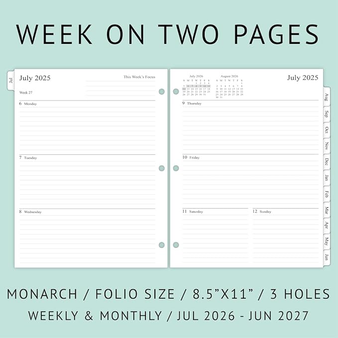 newestor 2026-2027 Weekly Planner Refills for 3-Ring Binder with Monthly Tabs, Jul 2026 - Jun 2027, 8-1/2" x 11", Folio Size 5 / Monarch