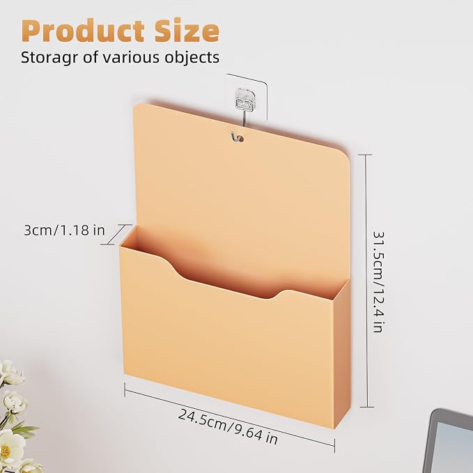 2 Pack Magnetic File Holder - Paper Holder, Pocket Organizer,Hanging Wall File Organizer Office Supplies Storage, Magazine Mail Organizer Case for Notebooks,Planners,Letter (Orange)