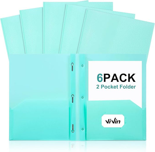 ViVin Sturdy Plastic Folder with Pockets,6 Pack,Heavy Duty Two Pocket 3 Prong Folders,Holds Letter Size Paper,File Folders with Business Card Slot for School Home and Office(Light Green)