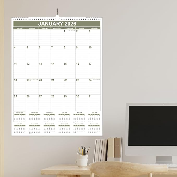 Large Calendar 2026 with Spiral Bound - 12 Month Big Calendar from January 2026 to December 2026, Vertical Large Monthly Calendario 2026 for Wall, 22" x 17", Cyan