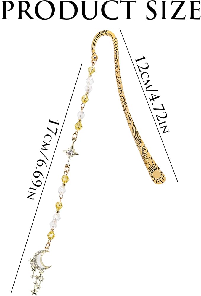 Fantasy Moon Metal Bookmark - Vintage Hook Book Marks Page Mark with Beaded Gold Star Charm for Women Girls Students Teachers Bookworms Reading Lovers Birthday Gifts School Accessories