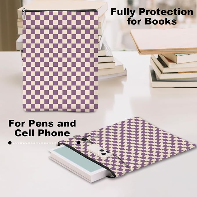 Purple Plaid Book Lovers Gifts Book Sleeve Vintage Checkered Waterproof Book Cover Book Pouch Book Protector with Front Pocket Book Club Christmas Birthday Gifts for Women Girl Reader Book Accessories