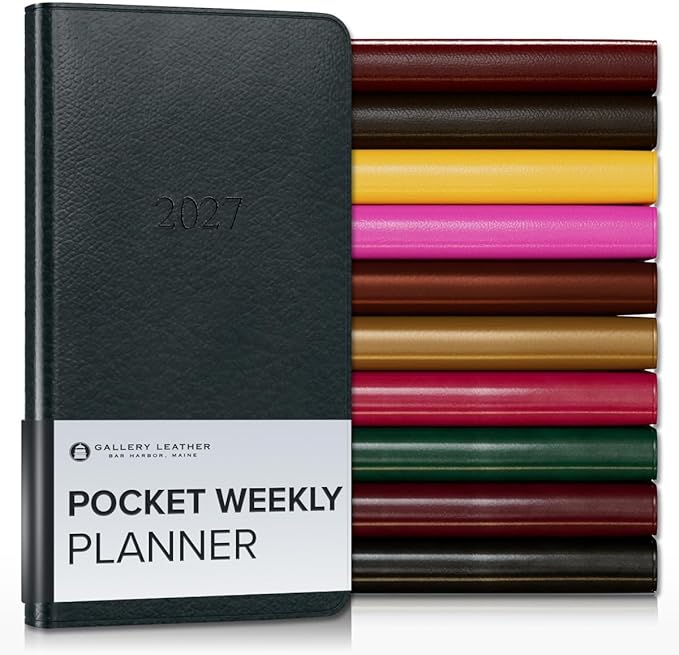 Gallery Leather Pocket Weekly Monthly Planner 2027, Elegantly Bound Calendar Planner and Notebook with Stylish Gold-Gilded Page Edges, 12 Months - Tremont Atlantic - 6x3.25"