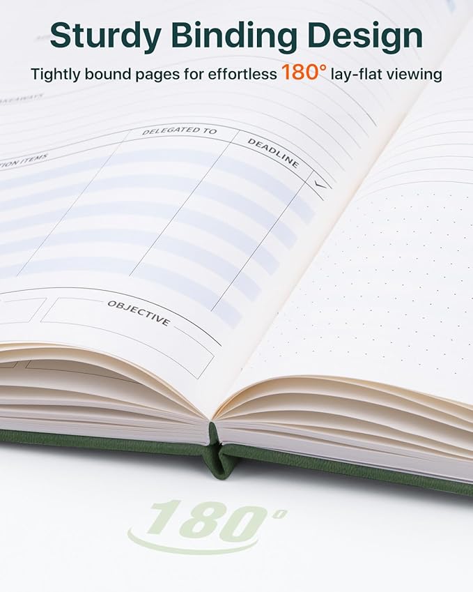WEMATE Meeting Notebook for Work, Work Planner Notebook With Action Items, Easily Take Meeting Notes & Keep Agendas on Track, Calender, Index Page, Inner Pocket, 7×10 Inch, Olive Green