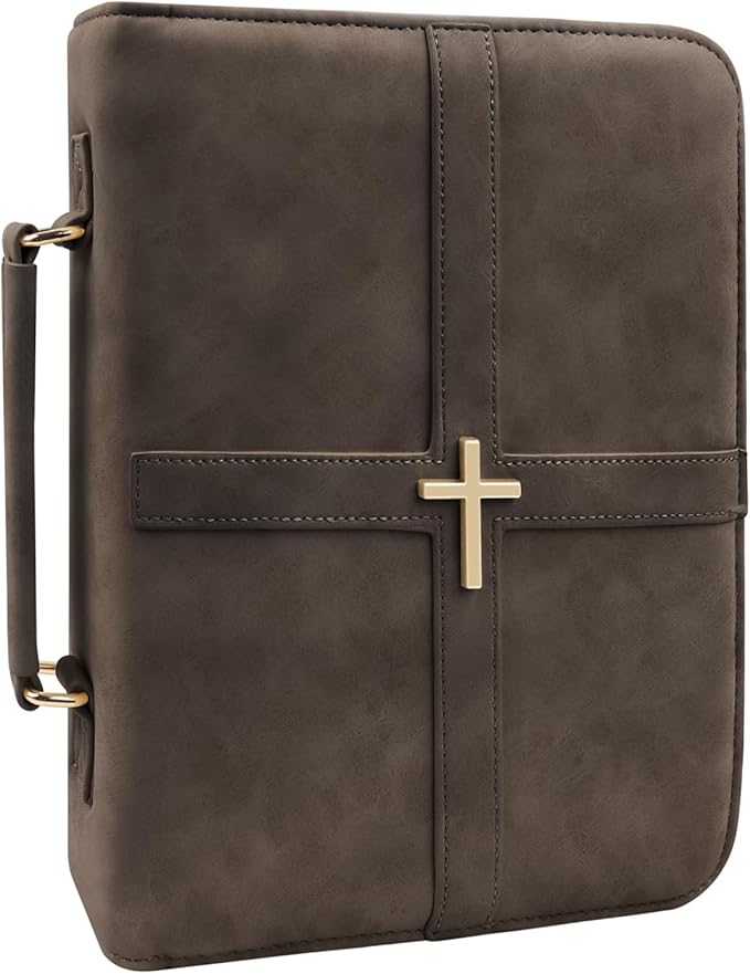 Classic Leather Bible Cover Case with Cross Design and Handle for Men Women, Durable Bible Study Supplies Organizer Carrying Bag, Perfect Christmas Gifts for Christians with Gift Box（Dark Brown