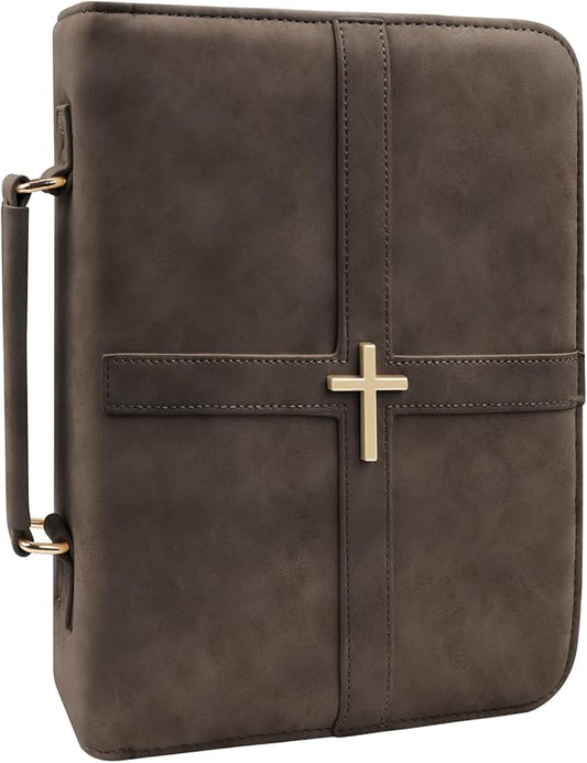Classic Leather Bible Cover Case with Cross Design and Handle for Men Women, Durable Bible Study Supplies Organizer Carrying Bag, Perfect Christmas Gifts for Christians with Gift Box（Dark Brown