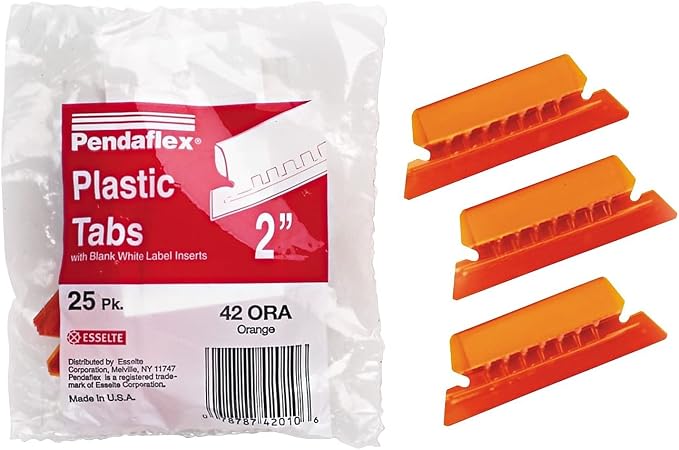 Hanging File Folder Tabs, 1/5 Tab, Two Inch, Orange Tab/White Insert, 25/Pack, Sold as 1 Package