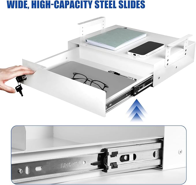 Under Desk Drawer Storage with Lock, Metal Undermount Table Drawer, Ball Bearing Slides Out Tray Organizer for Paper, Pencil, and Laptop 17.3"x11.8"x5.4", White with Adjustable Brackets