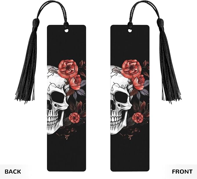 Flowers and Skull Double-Sided Printed Wooden Bookmarks, Artistic Book Accessories Birthday Presents for Men Women Presents for Book Lovers
