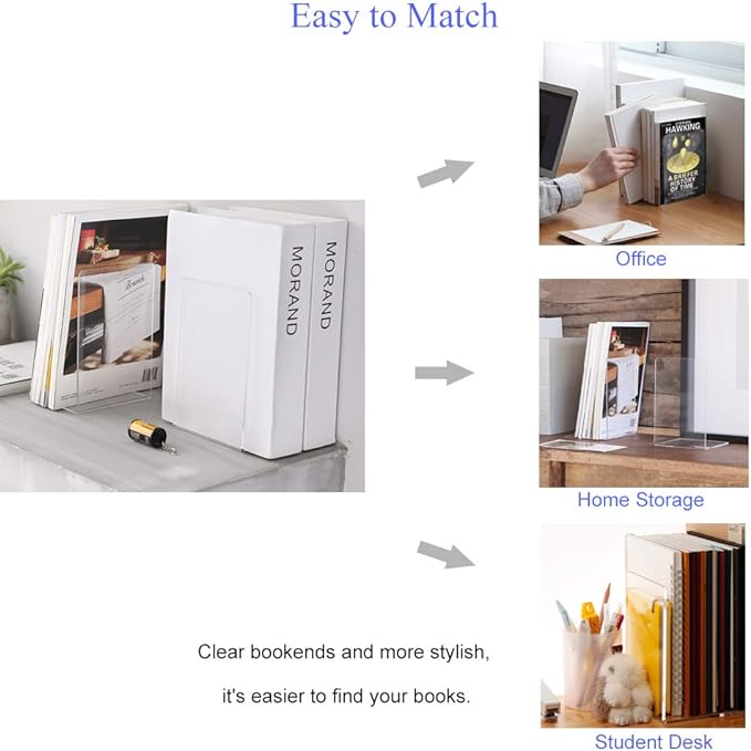 MerryNine 2 Pair Plastic Acrylic Bookends Pair Organizer Bookshelf Decor Decorative Bedroom Library Office School Supplies Stationery Gift (3.54x4.72x6.7 Inch)