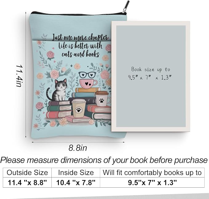 Floral Cute Cat Book Sleeve, Book Lovers Gifts Sleeve with Zipper & Front Pocket, 11.4x8.8 Inch Canvas Books Cover Protector Bookish Gift for Readers Librarian Women Teacher, Cat Lover Gifts for Women