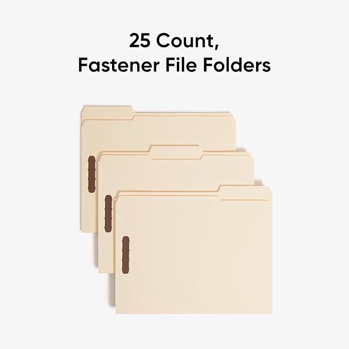 Smead Fastener File Folders, 25 Count, Manila, Reinforced 1/3-Cut Tabs, Letter Size (14536)