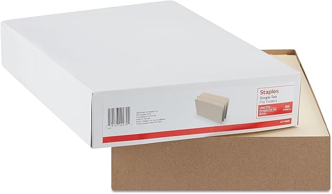 Staples File Folders, Straight‑Cut, Legal Size, Manila, Durable Paper Stock, 100/Box