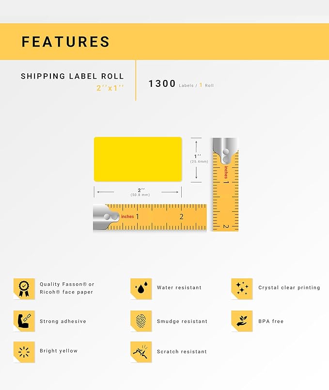 HOUSELABELS 2" x 1" Yellow Barcode Labels on 1" Core Compatible with Zebra and Rollo Printers, 9 Rolls / 1,300 Labels per Roll
