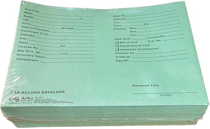 A Plus Car Record Envelope #19 Vehicle Dealer Jackets, 100 Quantity, Green (P17)