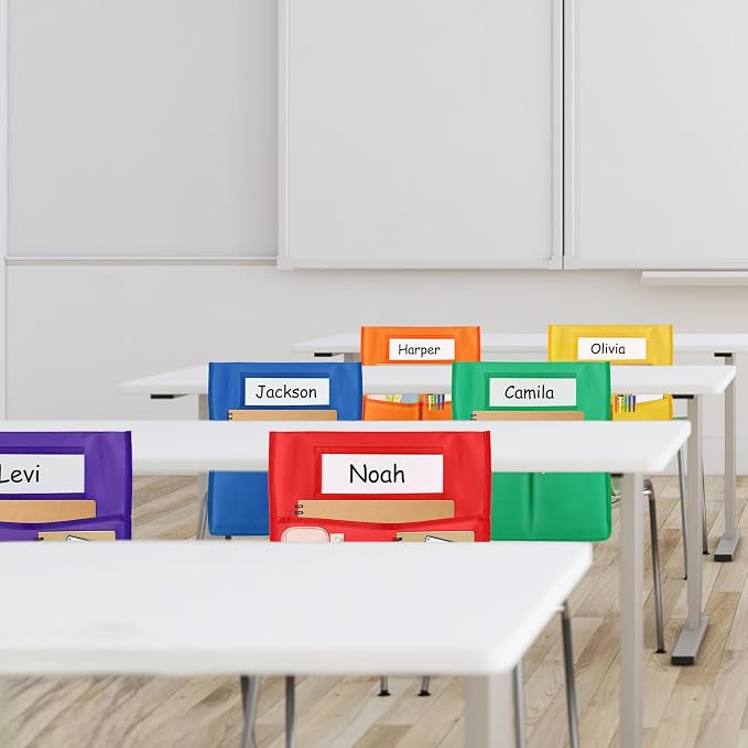 gisgfim 6 Pcs Chair Pockets for Classroom 19 x 17 inch Seat Sacks for Classroom Chairback Pocket Chart 3 Pockets Chairs Seat Back Organizer with Name Tag for School Home Classroom Supplies(Colorful)
