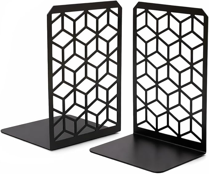 Geomod 3D Cube Black Metal Bookends Decorative for Heavy Books - Sturdy Boho Book Stops - Minimal Book Shelf Stopper - Durable Office Bookends - Weighted Metal Book Holders - 7x4.75 Inches - 1 Pair