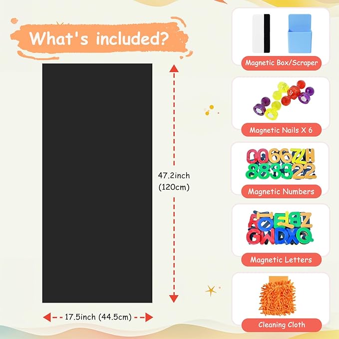 Magnetic Wall Decal 47.2x17.5 Inches Black Magnetic Wall Decal Chalkboard Magnet Wallpaper with Multiple Accessories for Home Playroom and Classroom