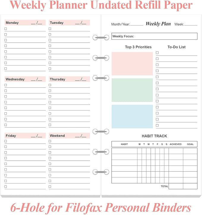 A6 Weekly Planner Refills for Filofax Personal Binders, 53 Sheets/106 Pages Undated Colorful Weekly Planner, 6-Hole Punched, 100 gsm White Paper, Last 1 Year, 3.75" x 6.75"