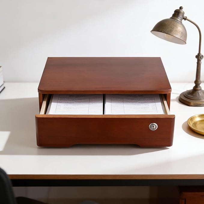 Wooden Desktop Storage Box with Lockable Drawers, Flat File Cabinet Drawer Desktop Storage Box, Countertop Storage Cabinet for Office Home Toiletries Supplies Vanity (Walnut, 1 Drawer)