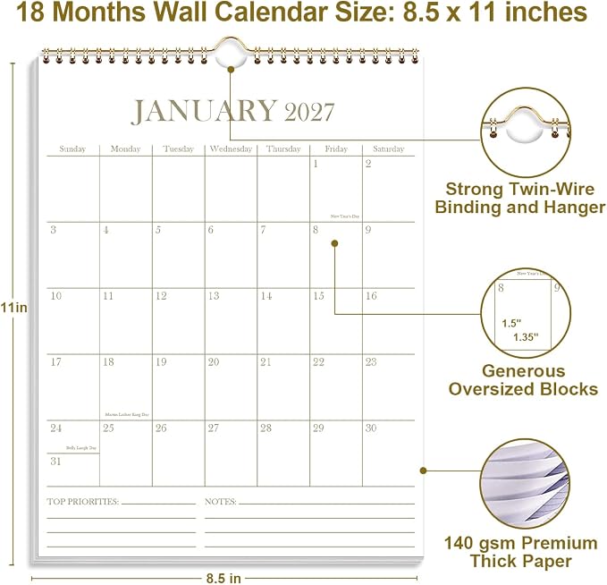 2026-2027 Wall Calendar - 18 Months Calendar from July 2026 - December 2027, Calendar 2026-2027 with Thick Paper, 8.5" x 11", Vertical Calendar, Golden