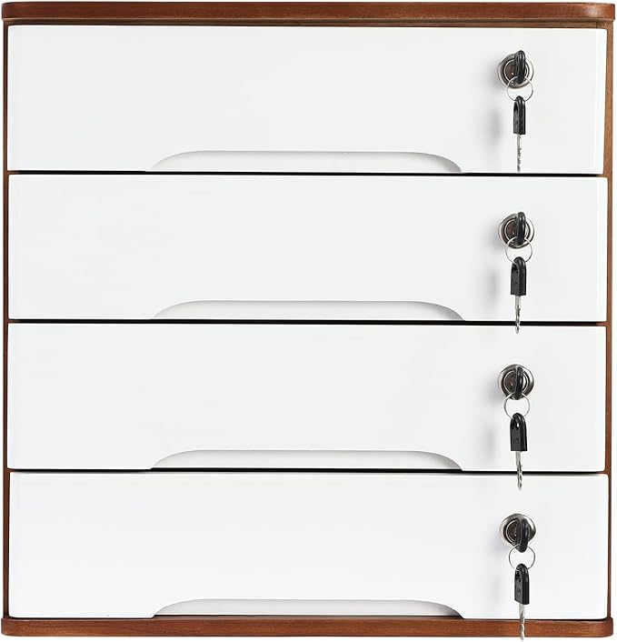 Lockable Desk Organizer Wooden Desktop Drawers Office Flat Files Storage Box Locking Countertop Storage Cabinet (Walnut + White, 4-Tier)