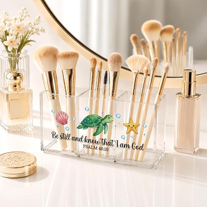 Sea Turtle Seashell Starfish Acrylic Pen Holder for Desk, Be Still And Know That I Am God Christian Bible Verse Desk Organizer for Office Home, Back to School Gifts Sea Turtle Gifts for Women