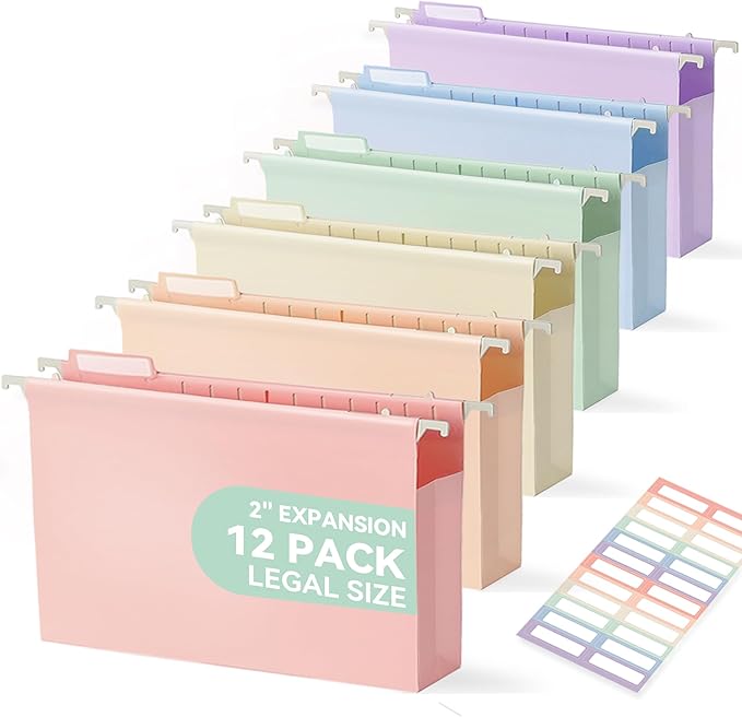 SortRax Plastic Extra Capacity Legal Size Hanging File Folders, 2" Pastel Expanding Pocket, Heavy Duty for Filing Cabinet, Insertable 1/5-Cut Tabs - 12 Pack