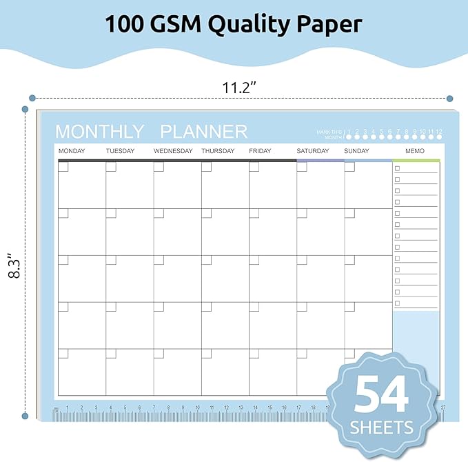 Phyxin Undated Planner, 54 Sheets Blank Calendar, 11.2" x 8.3" Monthly Calendar Planner, Tear Off Undated Monthly Planner with Memo for Women, Students, Teachers, Blue