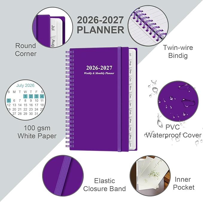 2026-2027 Pocket Planner/Calendar - 2026-2027 Planner from July 2026 - June 2027, Planner 26-27 with 12 Tabs, Twin-Wire Binding, Inner Pocket, 3.75" x 6.75, Purple