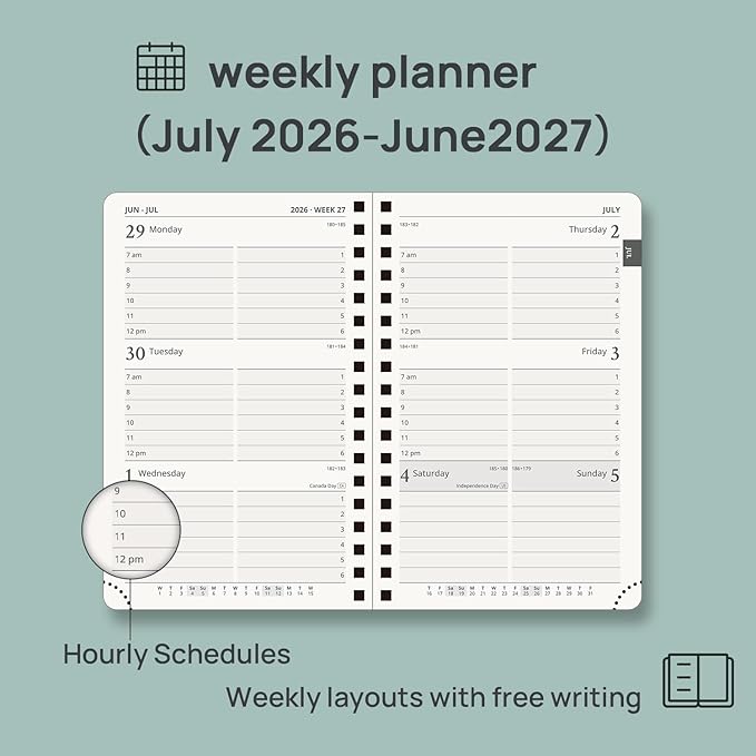 POPRUN Pocket calendar 2026-2027,pocket planner Jul 2026-Jan 2027, 6.5" x 3.5" Small Planner for Purse,Inner-pocket Weekly Planners with Hardcover, Tabs, Ruler, Pen Loop ,Unisex Weekly Planners for Organizing and Office - Pacific Green