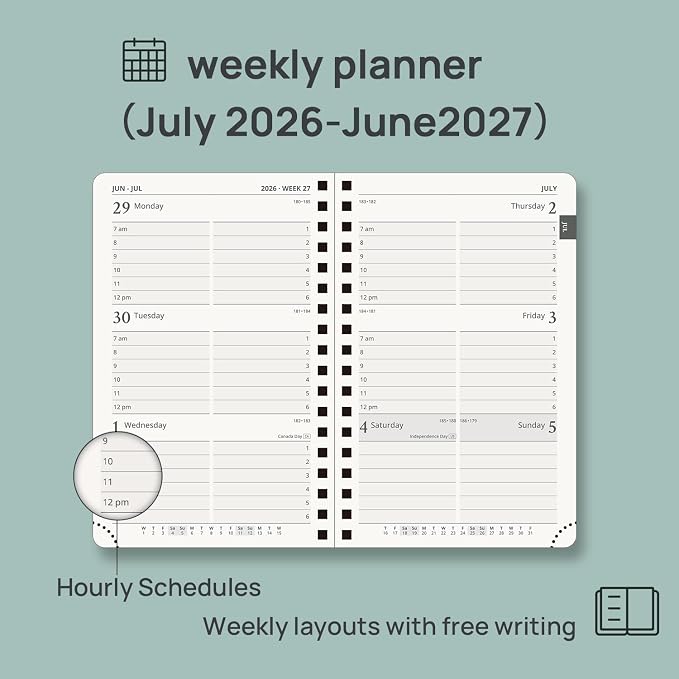 POPRUN Pocket calendar 2026-2027,pocket planner Jul 2026-Jan 2027, 6.5" x 3.5" Small Planner for Purse,Inner-pocket Weekly Planners with Hardcover, Tabs, Ruler, Pen Loop ,Unisex Weekly Planners for Organizing and Office - Pacific Green