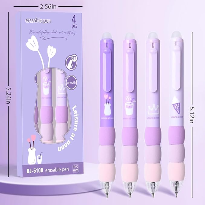 8Pcs Cute Purple Erasable Pens Aesthetic Retractable Erasable Gel Pens Cartoon Erasable Gel Ink Pens 0.5mm Black Ink - Retractable, Office School Supplies