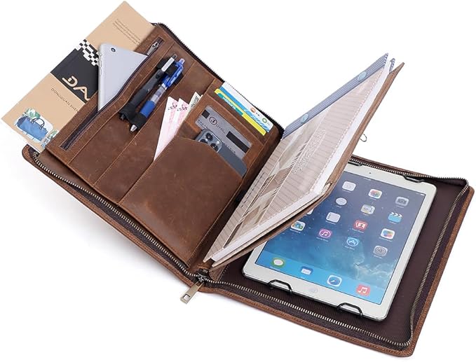 Crazy Horse Leather Portfolio Binder with 3-Zipper, 11-inch iPad Holder Padfolio, Executive Business Organizer for iPad Pro 13, Air 13, Mini, Document Case & Legal Pad Holder for Men & Women