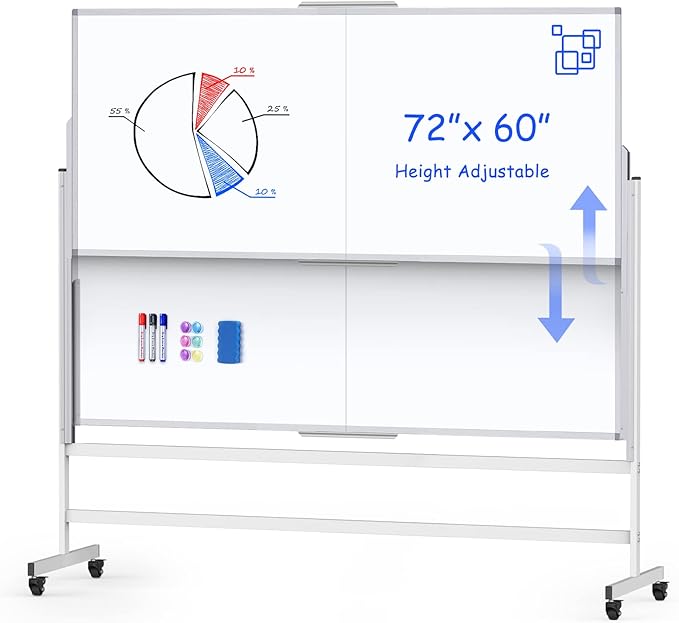 Dry Erase Whiteboard Height Adjustable, 72x60 inches Large Standing Easel White Board on Wheels, Mobile Magnetic Rolling White Board for Office Home Classroom, School Supplies for Teaching