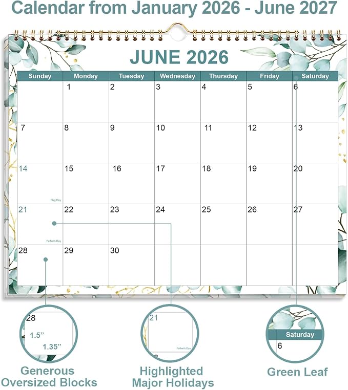 2026-2027 Calendar, Wall Calendar 2026-2027 from June 2026 - December 2027, 19 Months Calendar with Premium Paper, Twin-Wire Binding & Hanging Hook, 8.5" x 11", Green Leaf