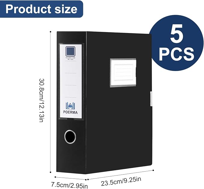 Storage File Boxes A4, 5 Pack Foldable Plastic Archives Cases with Lid, 30.8 x 23.5 x 7.5cm, Document File Folder Organizer Storage Filing Box for Office School, Black