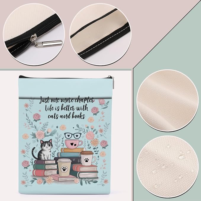 Floral Cute Cat Book Sleeve, Book Lovers Gifts Sleeve with Zipper & Front Pocket, 11.4x8.8 Inch Canvas Books Cover Protector Bookish Gift for Readers Librarian Women Teacher, Cat Lover Gifts for Women