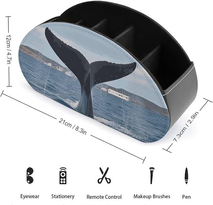 Whale Tail Remote Control Holder with 5 Compartments Leather TV Remote Caddy Remote Storage Box Desktop Organizer for Pen/TV Remotes/Media Controllers/Office Supplies
