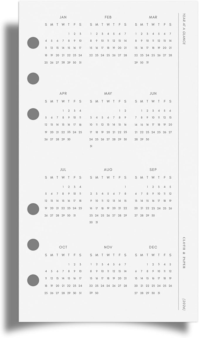 Cloth & Paper 2026 Year At A Glance Planner Dashboard | Personal Size 6 Ring Punch, 3.75 x 6.75 Inches | Transparent Vellum, Pre-Punched, Fits Personal 6 Ring Agenda, Durable Yearly Overview