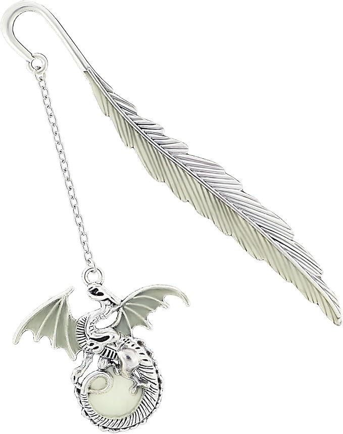 Jeffdad Feather Dragon Bookmark - Glow in The Dark Fantasy Bookmark Gifts for Women & Men (Silver Dragon)