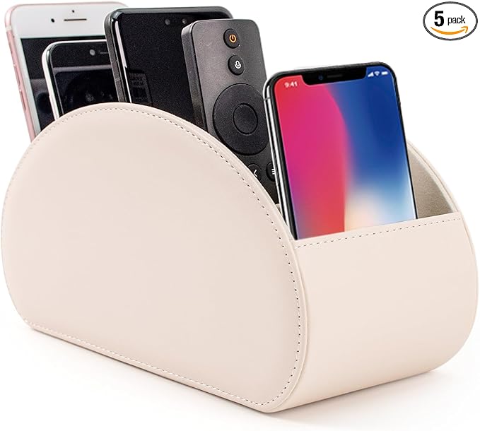 BONNY DODO Remote Control Holders Organizer Box with 5 Compartment PU Leather Multi-functional Office Desk Storage Caddy Store Tv Remote for Media Player,Brush,Pencil,Glassees&Office Supplies (Beige)