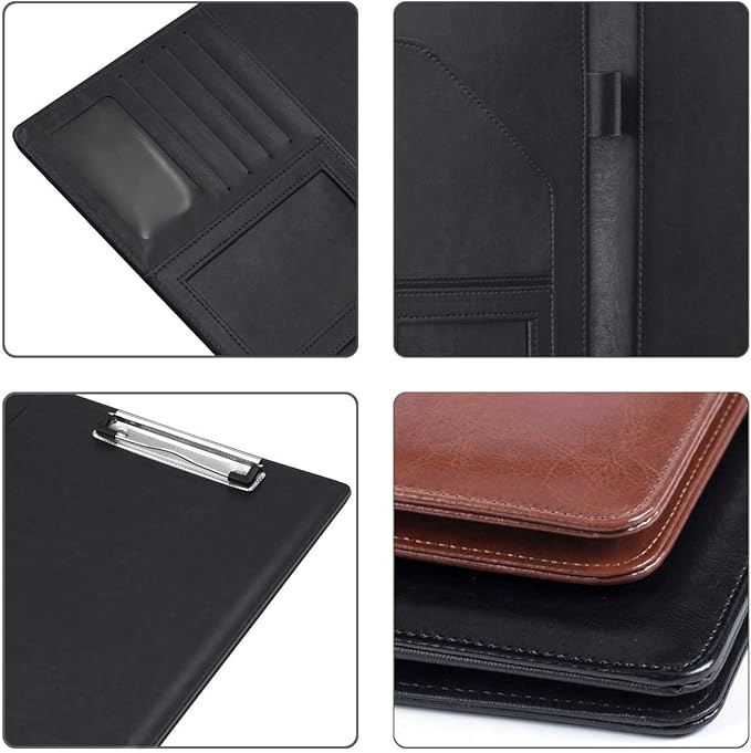 WAVEYU Business Portfolio Folder for Men Women, Padfolio Cover, Conference/Resume/Legal Document Organizer with Letter/A4 Size Clipboard Hardboard, Business Card Holders, Document Sleeve, Black
